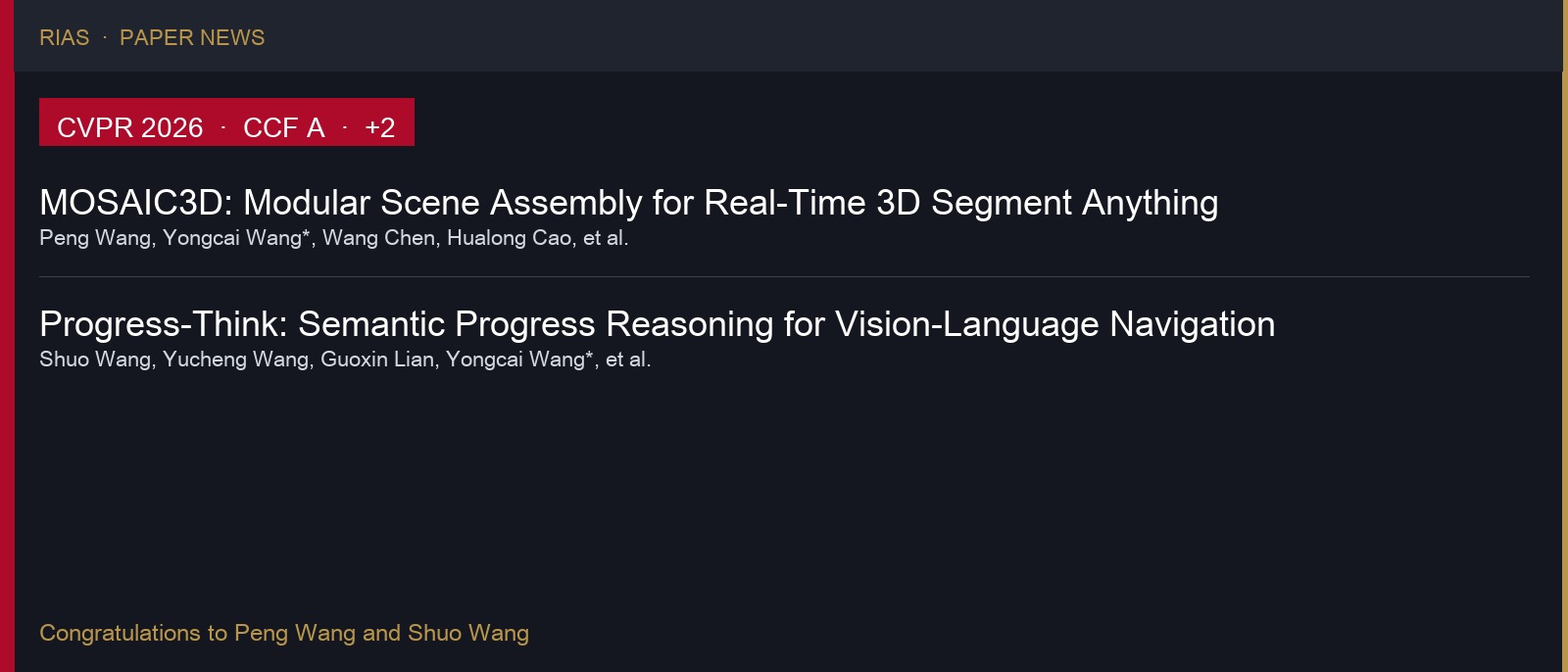 CVPR 2026 accepted papers MOSAIC3D and Progress-Think